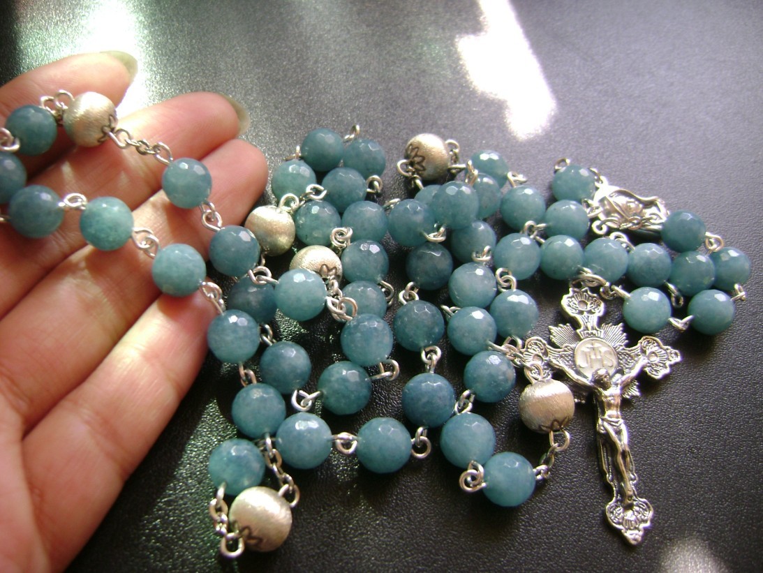 Sterling Silver SEVEN SORROWS GIFT ROSARY Aquamarine Beads Cross  necklace
