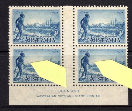 1934 CENT. of VICTORIA  3d BLUE and Bottom 2, FLAGS. BLOCK of 4 + ASH IMP. -MINT - Picture 1 of 4