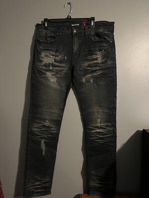 Men's Makobi Vintage Wash Prado Biker Jeans W/ Rip Repair