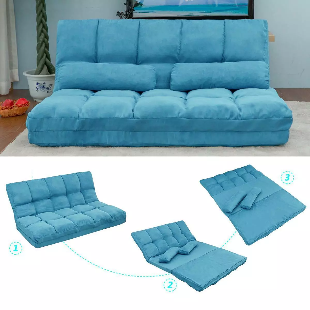 Multi Functional Double Chaise Lounge Sofa Floor Couch And With Two Pillows