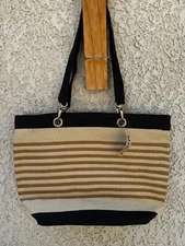 NWT- Magid Nude/Khaki/Black Classic Striped Beach Bag/Tote
