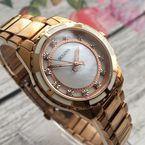 Bulova Watch Ladies DIAMOND GALLERY Pearl Dial Sapphire Rose Pvd Steel 32mm Case - Picture 3 of 8