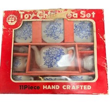 Vintage 11 Piece Porcelain China Tea Set Blue/White Floral Japan In Box