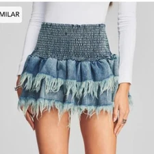 Ser.O.Ya Glori Skirt Blue Denim Tiered Distressed Smocked Frayed Hem Sz S
