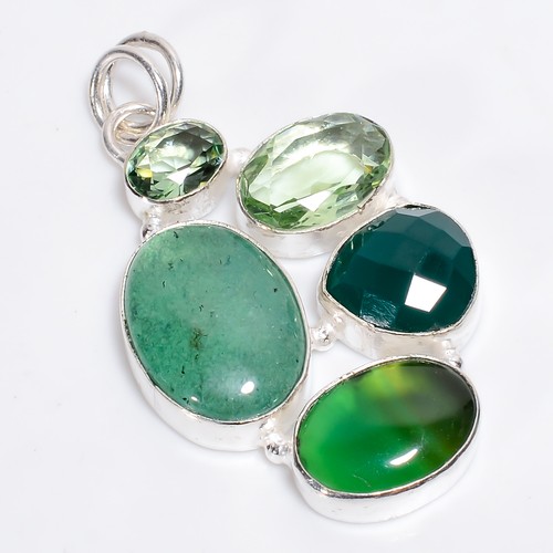 Aventurine Chalcedony Gemstone Fashion Jewelry 925 Silver Pendant 2.1" ARP-5591 - Picture 2 of 3