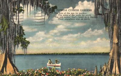 Vintage Postcard 1947 Cypress Gardens Oak Tree Flower Garden Tropical Florida FL