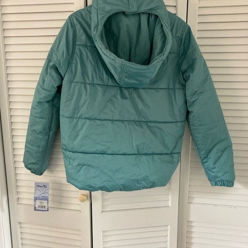 Abrigo acolchado con capucha cola de ballena forrado de lana verde azulado cremallera mediano nuevo con etiquetas - Imagen 4 de 11