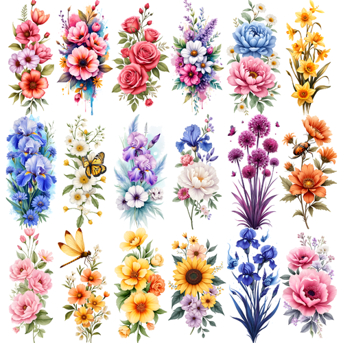 9pcs Temporary Tattoo Colorful Purple Iris Purple Flowers Sunflowers - Picture 2 of 15
