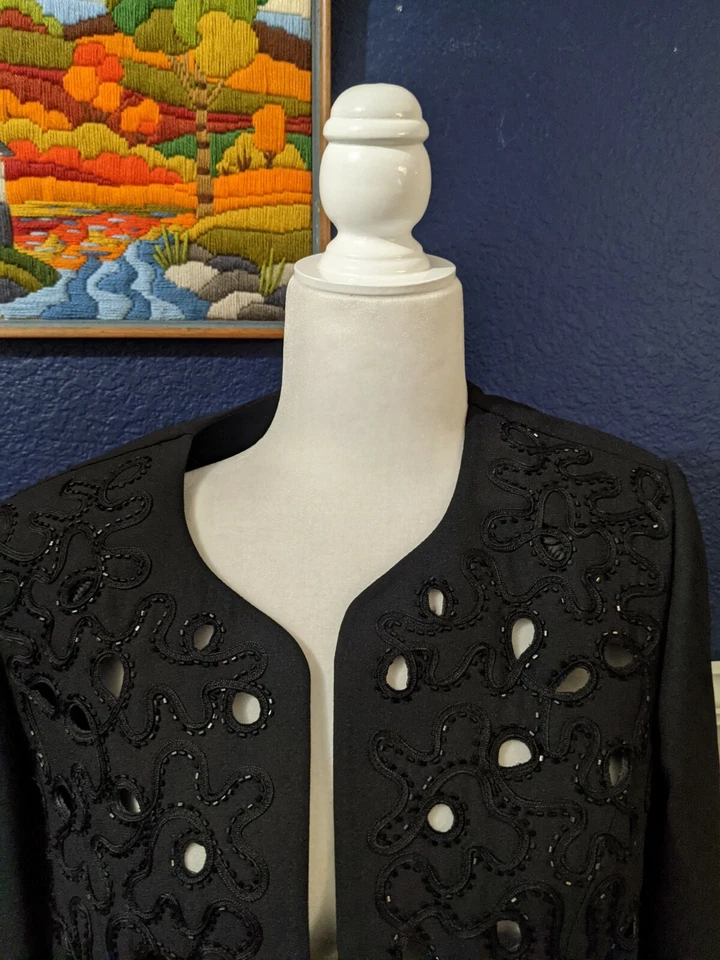 VTG Nina Massini Set Black Beaded Embroidered Blazer Skirt Sz 10 Medium M Foto 2 de 4