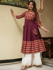 YASH GALLERY Women's Plus Size Rayon Stripe Printed Anarkali Kurti Maroon 