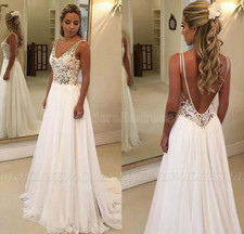V Neck Lace A Line Bohemia Wedding Dresses Chiffon Applique Backless Sweep Train