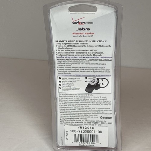 Jabra Bluetooth Verizon Nero Auricolare Universale Include Coppia Auto VRT2050 Nuovo - Foto 4 di 9