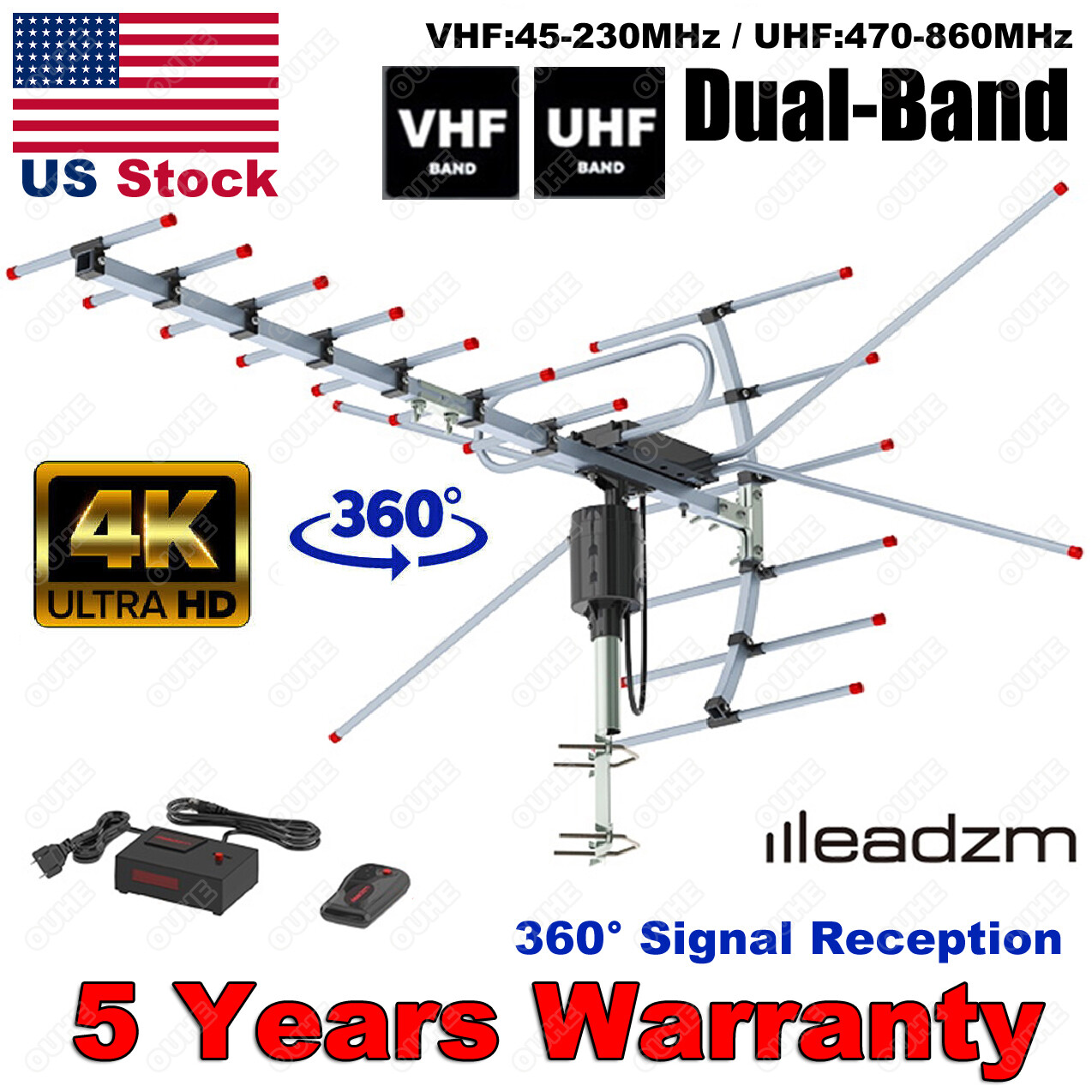 990 Miles Amplified Outdoor TV Antenna Motorized V/UHF HDTV 1080P 4K 360&deg; Rotate