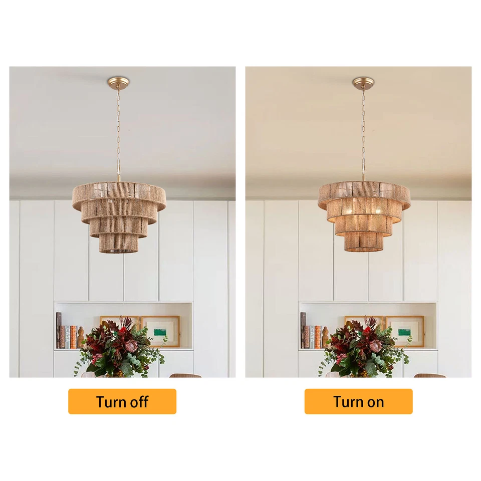 Luminária pendente de vime tecida à mão 6 luzes 4 redondas luz minimalista de transição - Imagem 3 de 4