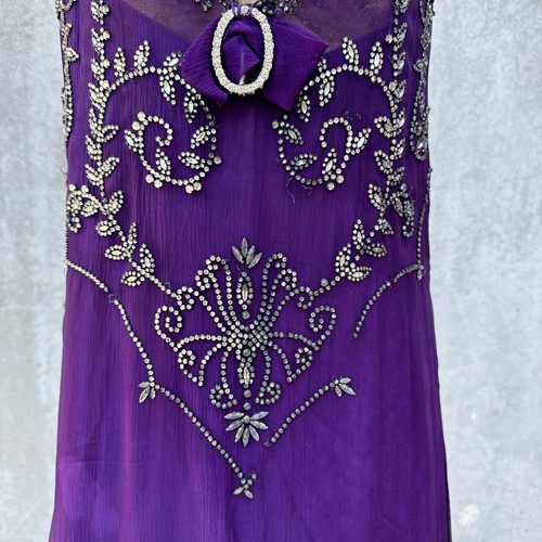 Vintage 1930s Purple Silk Chiffon Dress Faceted Rhinestones Maxi Ruffles Bias - Picture 13 of 24