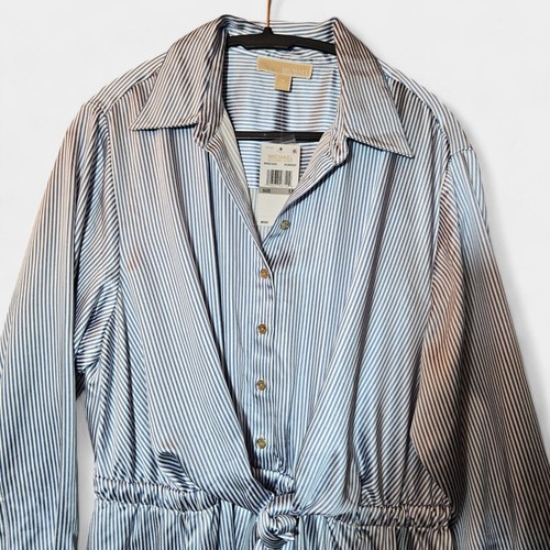 Michael Kors Satin Pinstriped Tie-Front Shirtdress Blueberry Plus Size 1X NWT - Picture 3 of 13