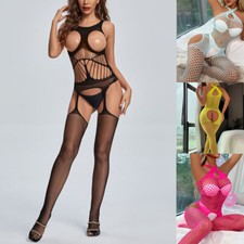 Women's Fishnet Lingerie Open Bust Crotch-less Bodysuit Hollow Out Body-stocking