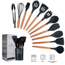 12PCS Silicone Kitchenware: Non-Stick Utensils, Wooden Handles, Spatula, Shovel