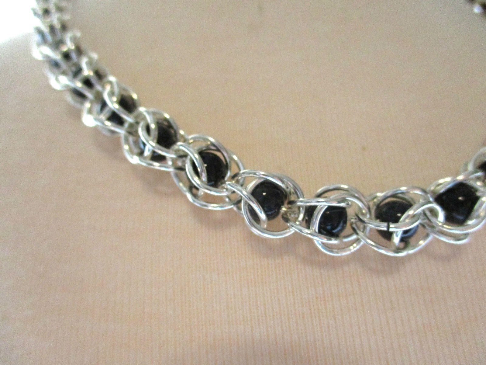 Women's Captured Black Beads Chainmail Necklace 17 1/2