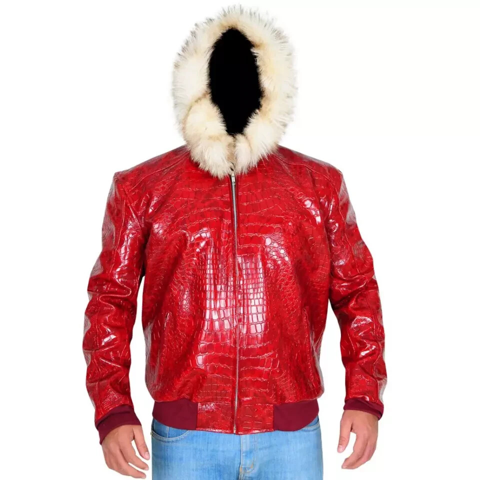 Men Red Crocodile Hooded Fur Collar Faux Leather Bomber Jacket
