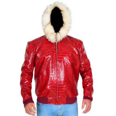 Men Red Crocodile Hooded Fur Collar Faux Leather Bomber Jacket