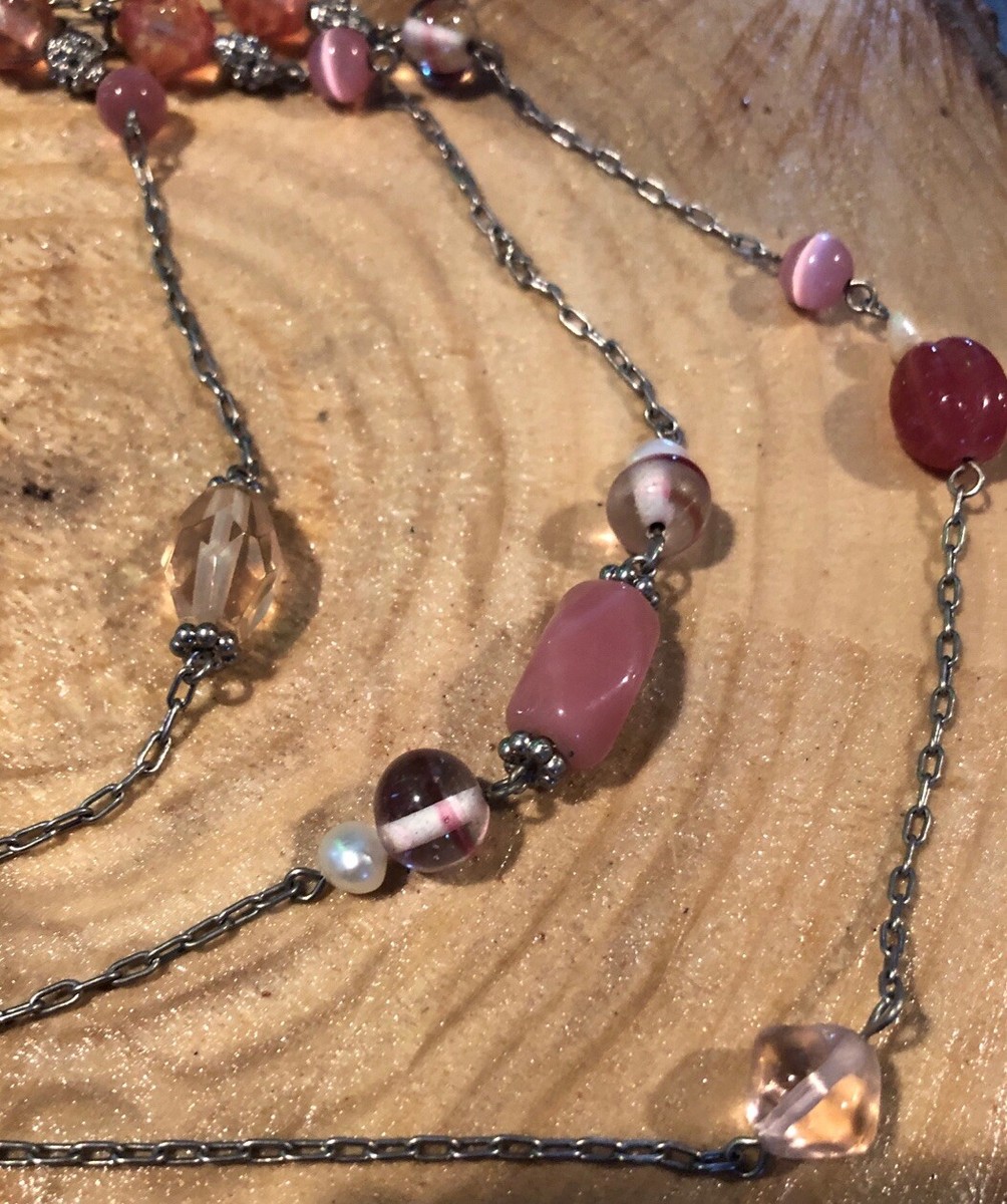 Collier Pull Chaîne Perles De Verre Rose Lia Sophia - Longueur 56 Cm, Occasion - Bijou Retiré De Collection