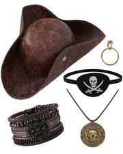 Brown Large Tricorn Pirate Hat Costume Accessory Set for Men Women Pirate