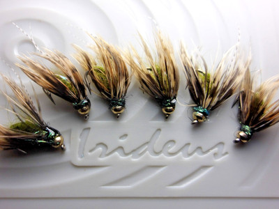 Irideus Caddis Olive GPS Custom Fly Feather River trout fish steelhead flies