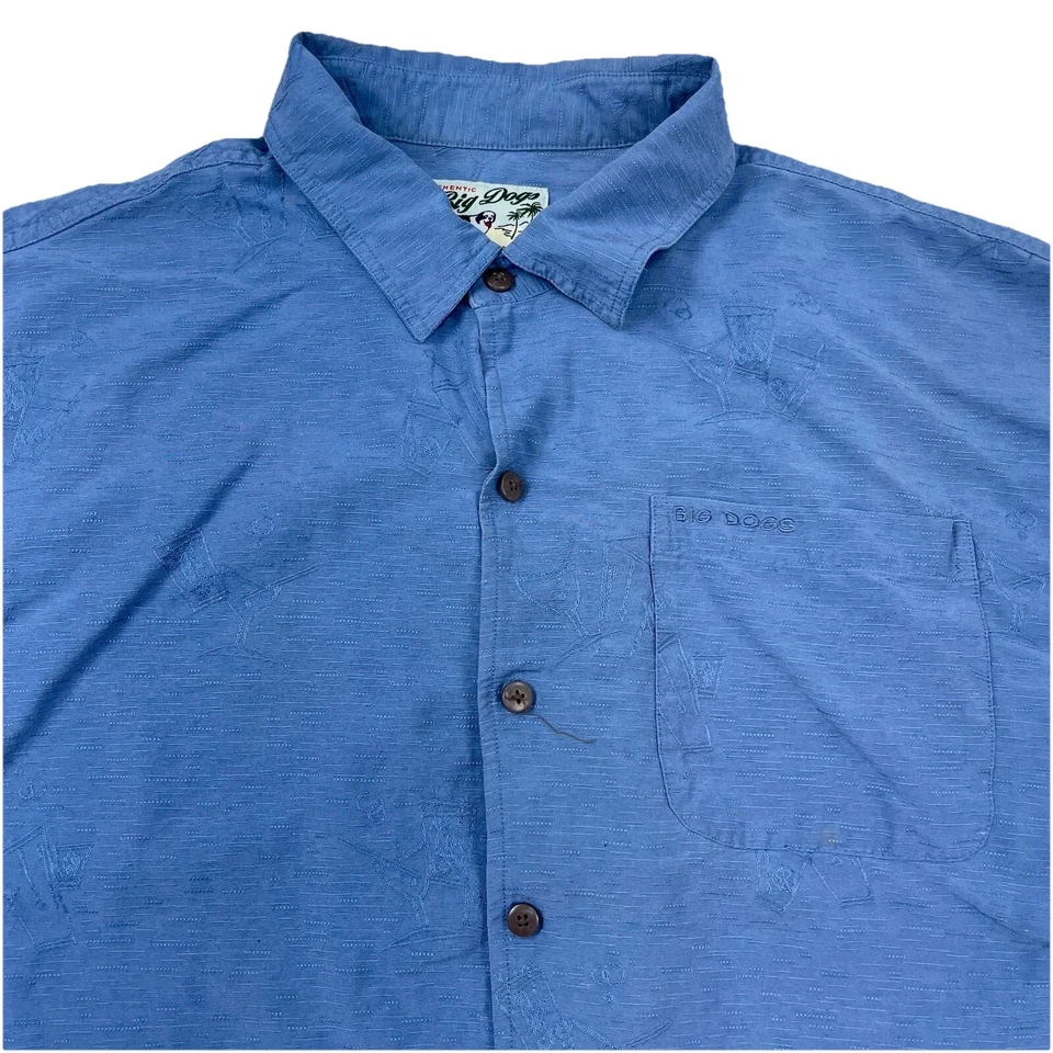 Camisa Big Dogs Hombres XL Azul Seda Abotonada Campamento Hawaiano Martini Bebida Estampado * Foto 2 de 4