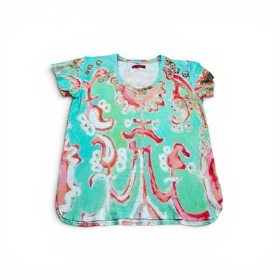 Amanda Johnson Cotton T-Shirt Abstract Swirl Print Tee Artsy Casual Beach Top M