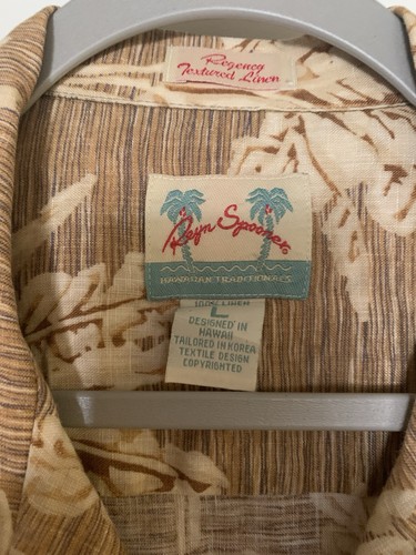 Reyn Spooner Hawaiian Shirt Mens L Palm Trees 100% Regency Textured Linen Brown - Picture 3 of 3