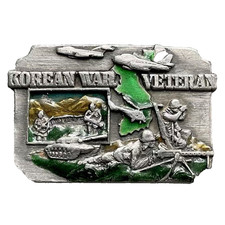 Vintage 1990 Korean War Veteran Pewter with Color Enamel Belt Buckle Made in USA