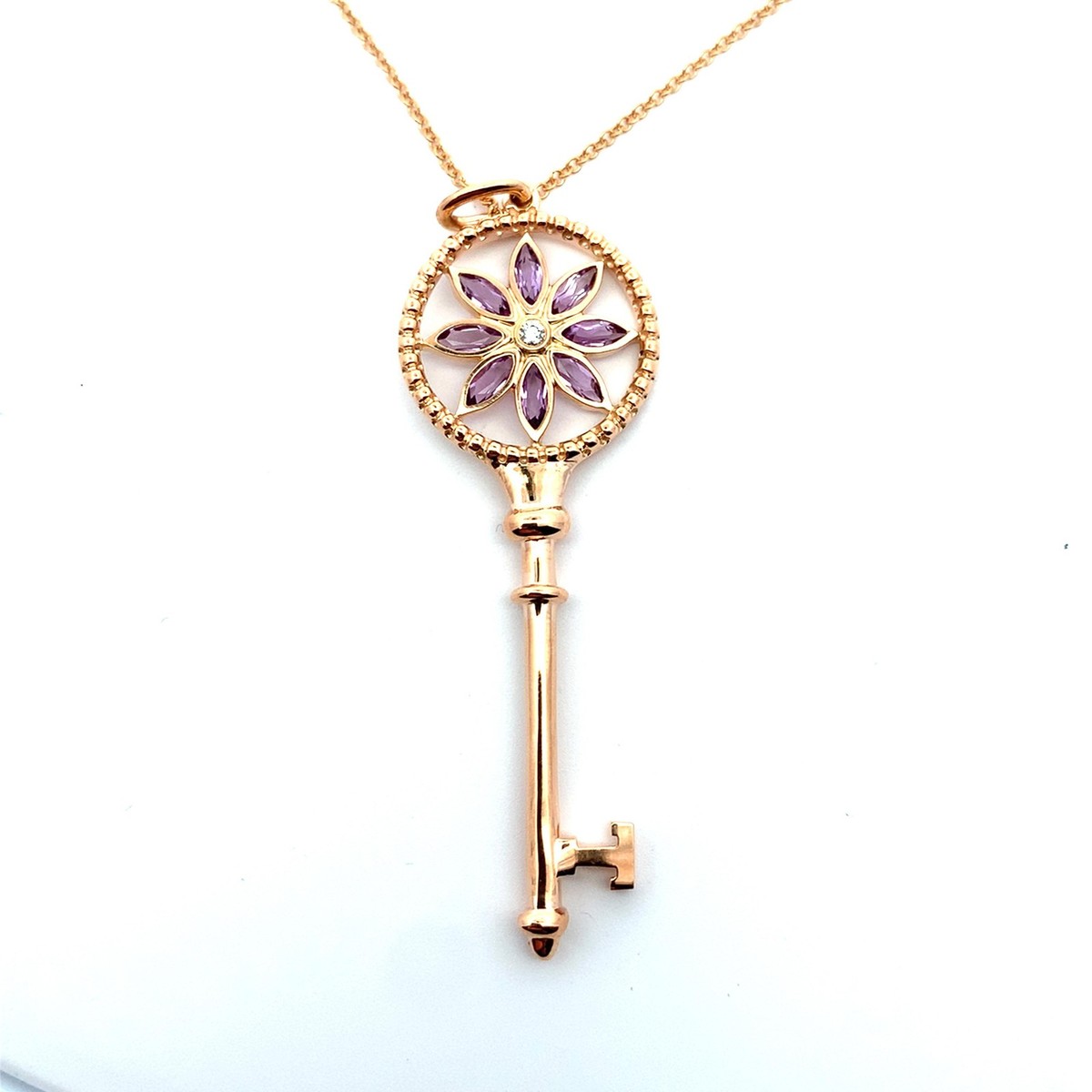 Tiffany & Co 18K Rose Gold Amethyst & Diamond Daisy Key Pendant