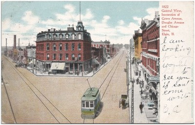 Elgin IL View Intersection of Grove Ave Douglas Ave & Chicago Street 1905