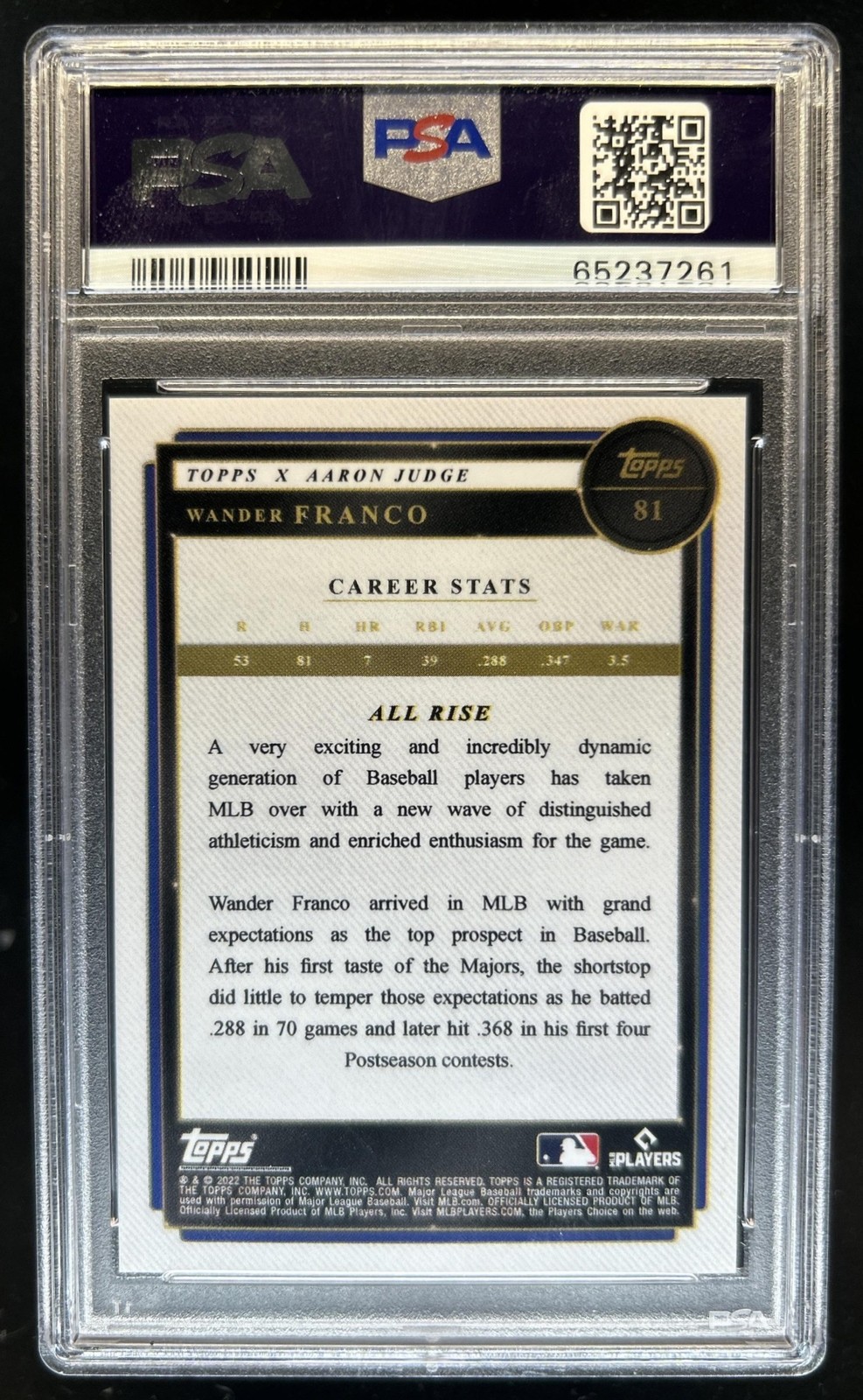 2022 Topps x Aaron Judge Wander Franco RC Rookie #81 Rays PSA 10 GEM MINT view 2