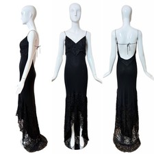 SUE WONG 00's Vintage Silk Black Beaded Evening Gown w. Train