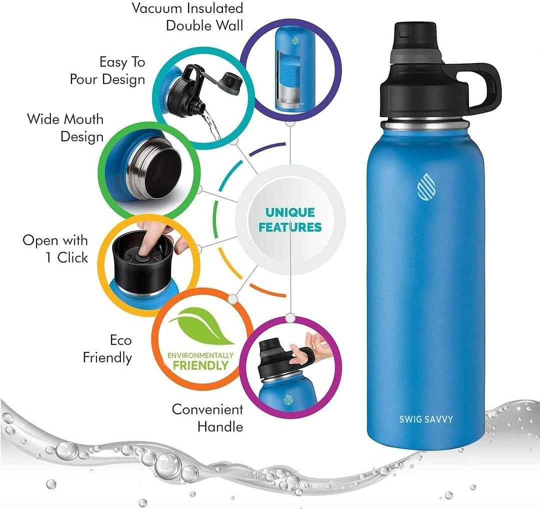 Stainless Steel Wide Mouth Insulated Water Bottle With Interchangeable Caps 40oz