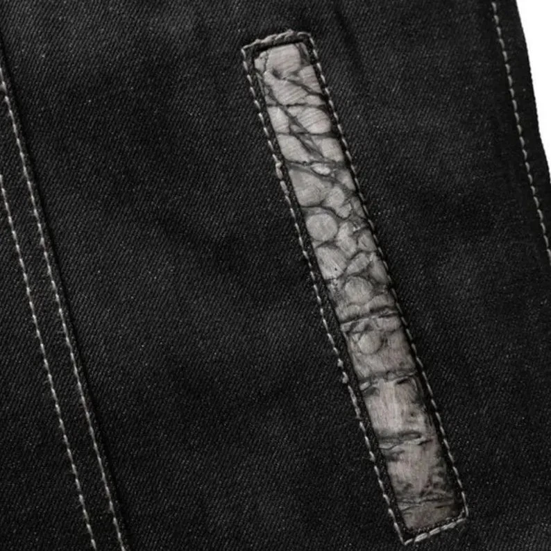 Chaleco de Motocicleta de Cuero Cera Gris Cocodrilo Negro Denim Motociclista Estilo Club Hombres Foto 3 de 4