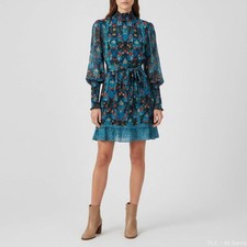 Farm Rio Blue Arabesque Floral Print Crepe Mini Dress XS