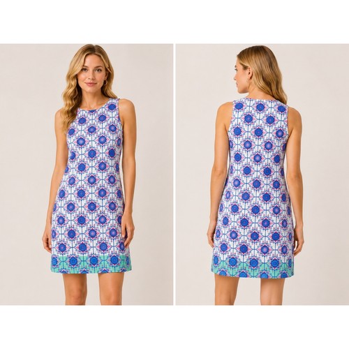 Hatley Sleeveless Geometric Print Shift Dress Blue Pink White NWT Size Small