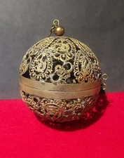 Antique Chinese Incense Burner / Pomander Lamp Silver Filigree Dragon Amber Bead