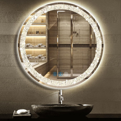 LED Crystal Round Vanity Mirror with Lights, 3 Colors, Anti-Fog, 20 Inch