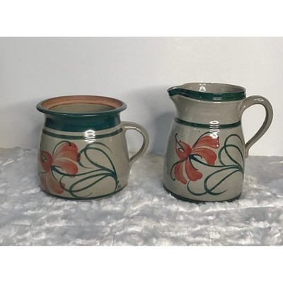 Vintage Salt Glaze Studio Pottery Pitcher and Crock Set Floral Farmhouse Cottage