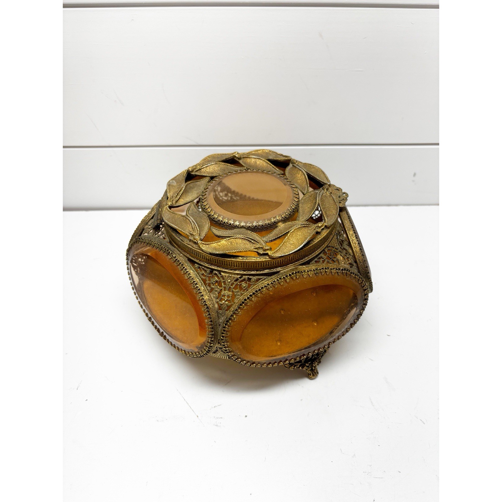 French Filigree Ormolu Jewelry Box Trinket Casket 5 Amber Glass Panels Tufted