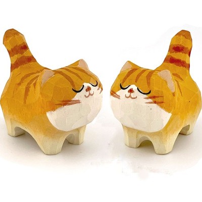 2 PACK Orange Tabby Wood Cat Carving Cute Kitty Hand Figurine Striped Statue NEW