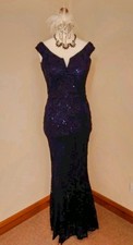 Quiz Navy Blue Lace Sequin Long Evening Dress 12 Off Shouder V-bar Cruise Formal