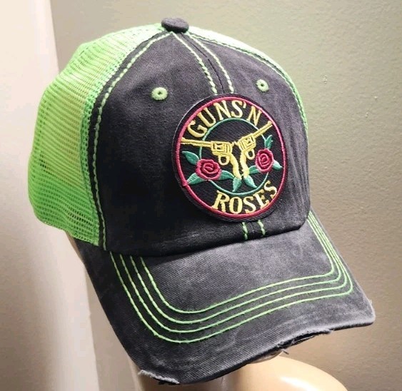 Guns N Roses Trucker Hat Distressed Baseball Cap Black & Green Mesh