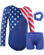BAOHULU Girls Gymnastics Leotard Set Long Sleeve Patriotic Glitter Dancewear ...