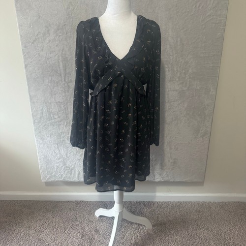 NWT $50 American Eagle Women's Long Sleeve Floral Mini Dress L Black Cottage