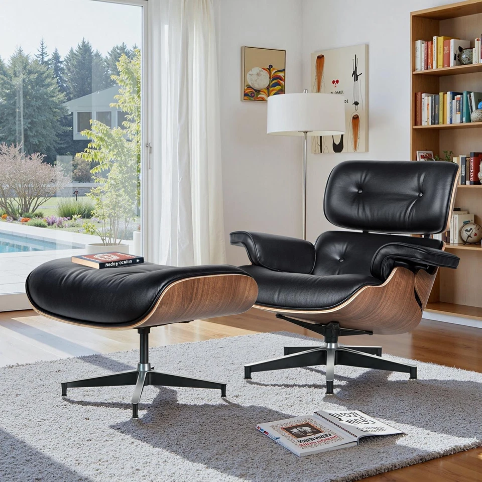 Sillón moderno Mid-Century y otomano reclinable de cuero negro nogal Foto 2 de 4